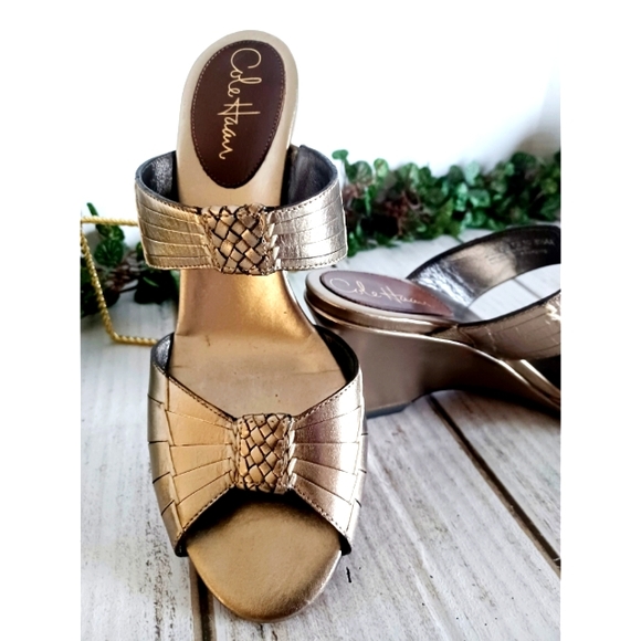 Cole Haan Open Toe Leather Straps Slide On Wedge Sandal - Gold Metallic - Picture 4 of 15